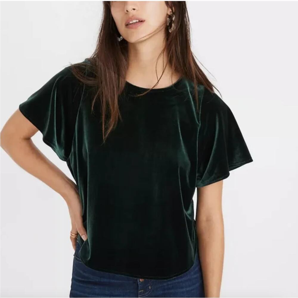 Madewell Dark Green Velvet Flutter Sleeve‎ Loose Fit Top